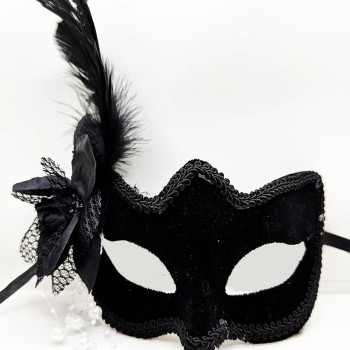 Siyah Süet Yandan Tüylü İncili Parti Maskesi