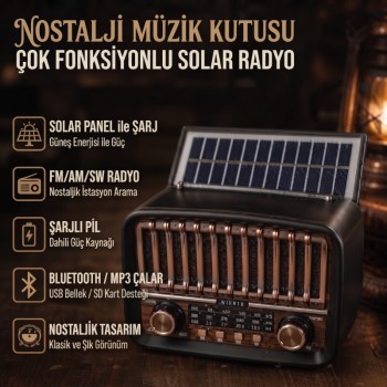 Solar Panelli FM Radyo - Şarjlı - Bluetooth Özellikli - AUX Girişli - Nostaljik Tasarım 