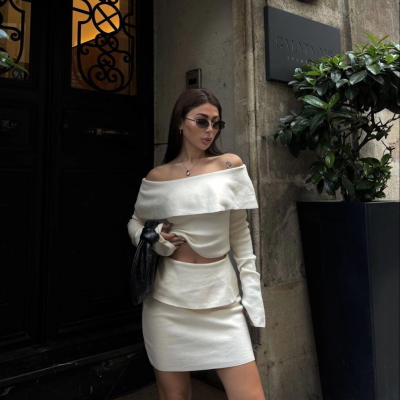 Straplez , Madonna , Carmen Yaka Croplu Mini Etekli ikili Takım Triko - Beyaz -