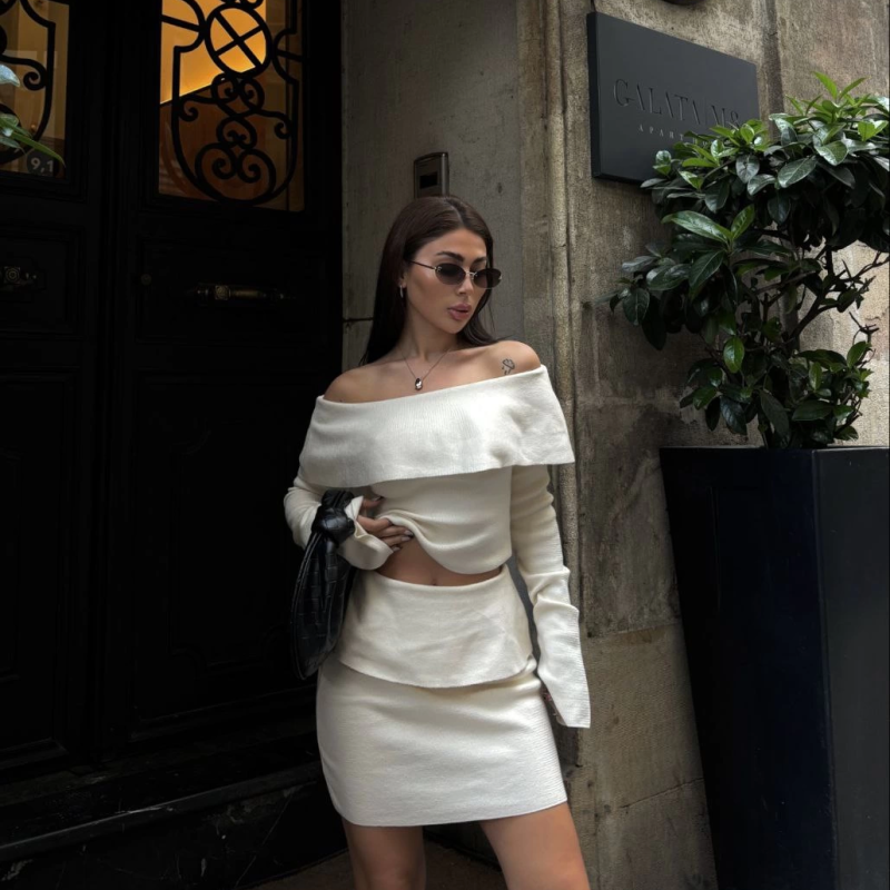 Straplez , Madonna , Carmen Yaka Croplu Mini Etekli ikili Takım Triko - Beyaz -