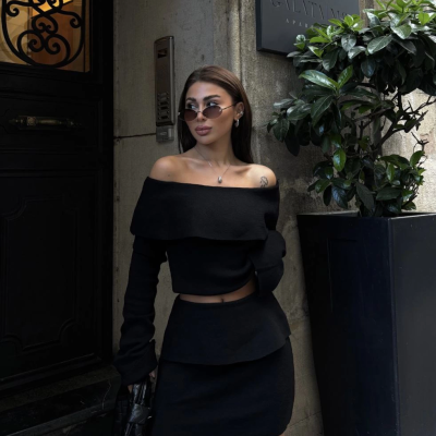 Straplez , Madonna , Carmen Yaka Croplu Mini Etekli ikili Takım Triko - Siyah -