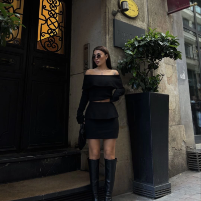 Straplez , Madonna , Carmen Yaka Croplu Mini Etekli ikili Takım Triko - Siyah -