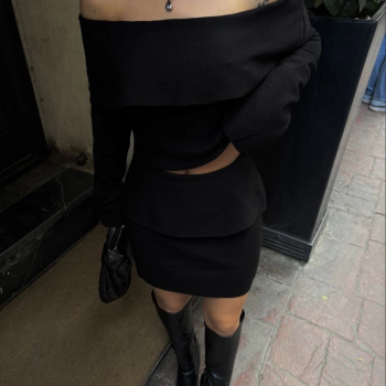 Straplez , Madonna , Carmen Yaka Croplu Mini Etekli ikili Takım Triko - Siyah -