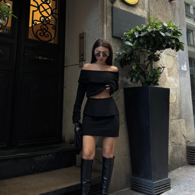 Straplez , Madonna , Carmen Yaka Croplu Mini Etekli ikili Takım Triko - Siyah -