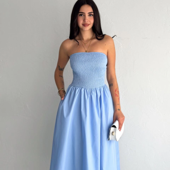 Straplez Pileli Elbise - Açık Mavi -