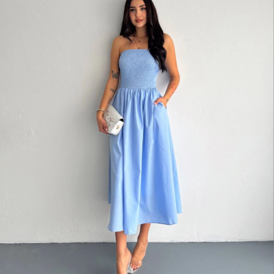 Straplez Pileli Elbise - Açık Mavi -