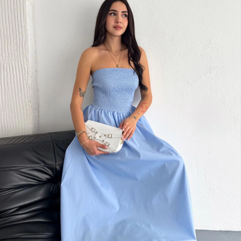 Straplez Pileli Elbise - Açık Mavi -