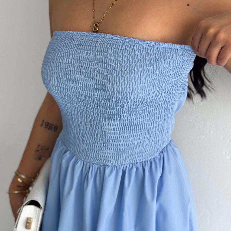 Straplez Pileli Elbise - Açık Mavi -