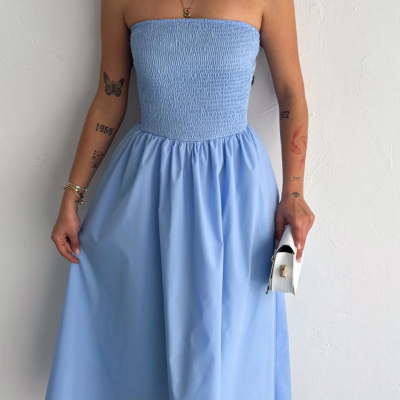 Straplez Pileli Elbise - Açık Mavi -