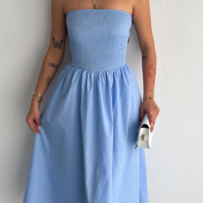 Straplez Pileli Elbise - Açık Mavi -