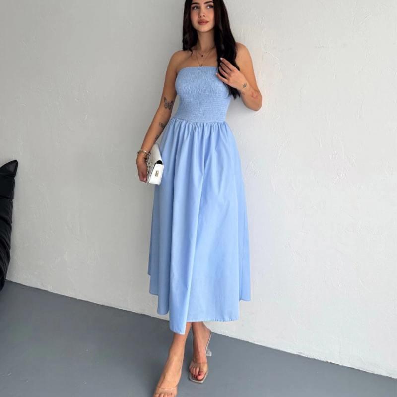 Straplez Pileli Elbise - Açık Mavi -