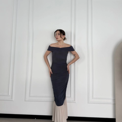 Striptiz Omuzlu Uzun Elbise- Füme -