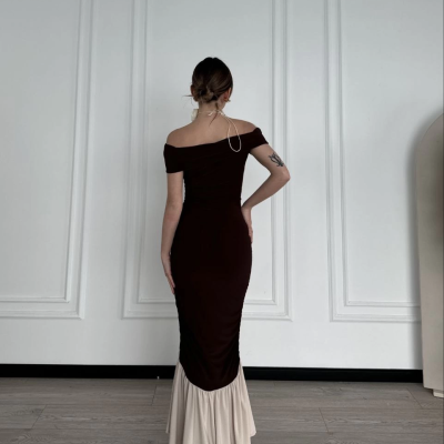 Striptiz Omuzlu Uzun Elbise- Kahve -