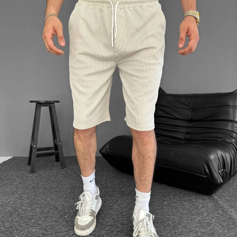 Su Yolu Çizgili Ön Arka Cepli Şort Yazlık Nefes Alabilir - Bej -