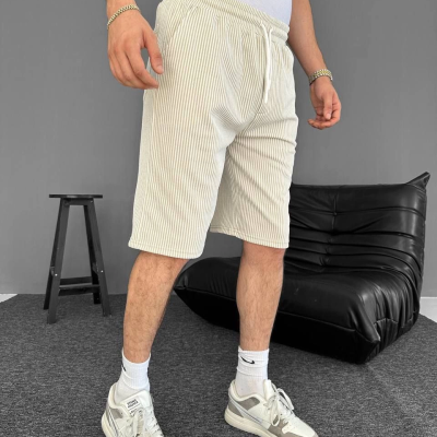 Su Yolu Çizgili Ön Arka Cepli Şort Yazlık Nefes Alabilir - Bej -