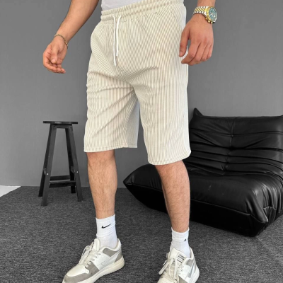 Su Yolu Çizgili Ön Arka Cepli Şort Yazlık Nefes Alabilir - Bej -