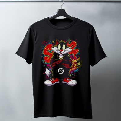 Sylvester Graffiti Baskılı Unisex Siyah Oversize Tişört - 24/1 Penye