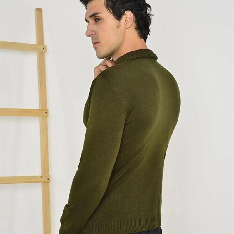 Tam Balıkçı Yaka Düz Renk Kazak - Yeşil -