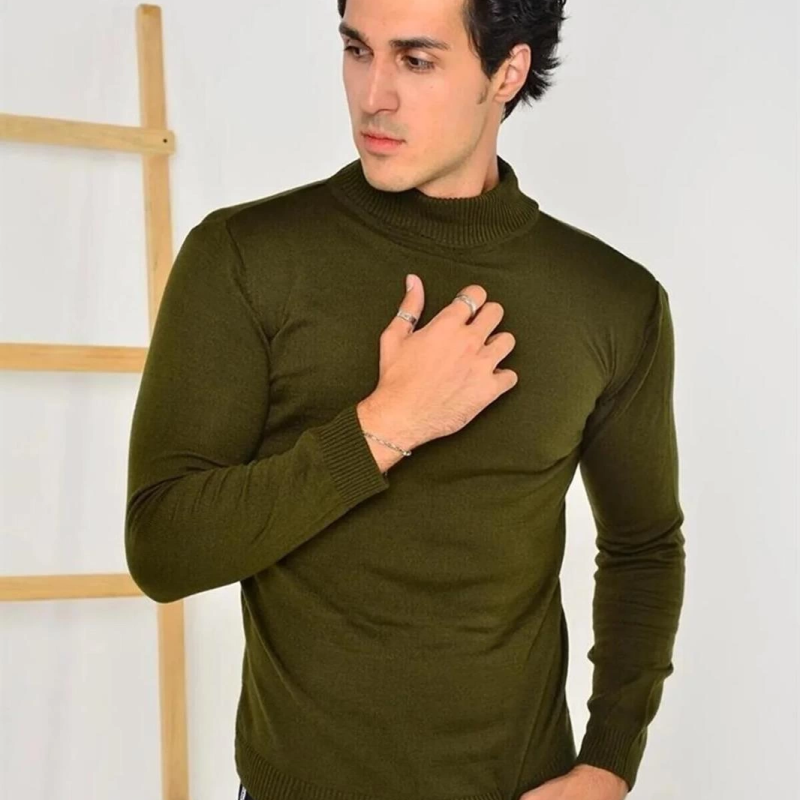 Tam Balıkçı Yaka Düz Renk Kazak - Yeşil -