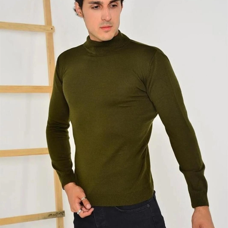 Tam Balıkçı Yaka Düz Renk Kazak - Yeşil -