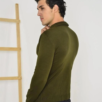 Tam Balıkçı Yaka Düz Renk Kazak - Yeşil -