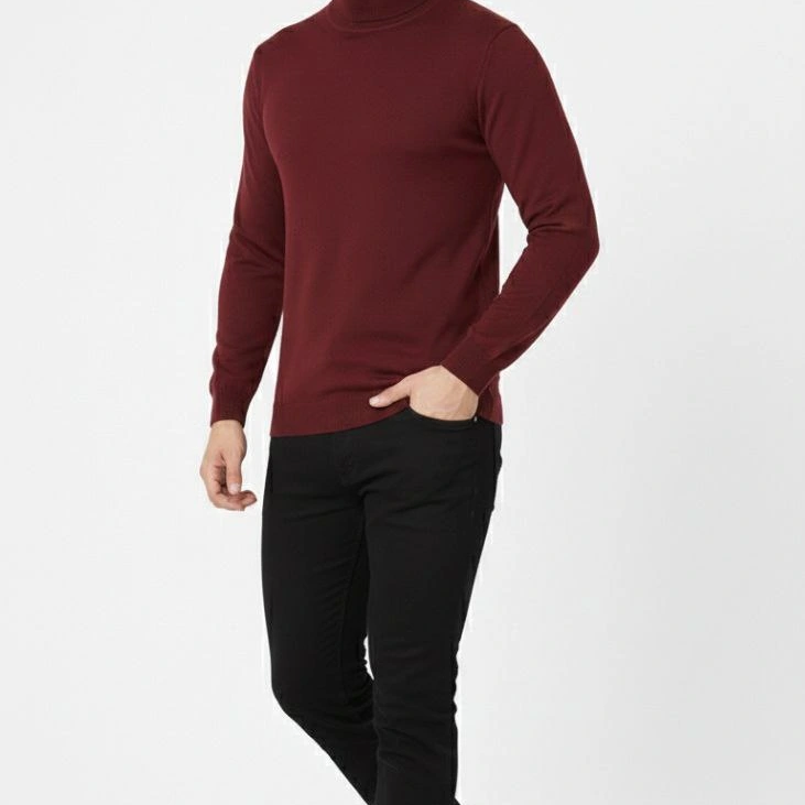 Tam Boğazlı Balıkcı Yaka Triko Kazak yumuşak dokulu Pamuklu ince Dokuma, uzun kollu Rahat Regular kalıp - Bordo