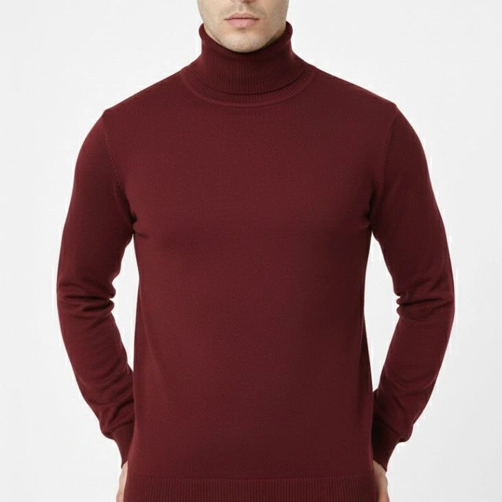 Tam Boğazlı Balıkcı Yaka Triko Kazak yumuşak dokulu Pamuklu ince Dokuma, uzun kollu Rahat Regular kalıp - Bordo