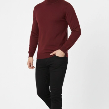 Tam Boğazlı Balıkcı Yaka Triko Kazak yumuşak dokulu Pamuklu ince Dokuma, uzun kollu Rahat Regular kalıp - Bordo