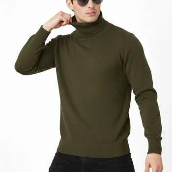 Tam Boğazlı Balıkcı Yaka Triko Kazak yumuşak dokulu Pamuklu ince Dokuma, uzun kollu Rahat Regular kalıp - Haki