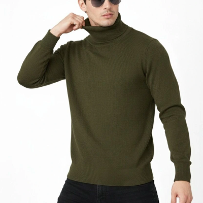 Tam Boğazlı Balıkcı Yaka Triko Kazak yumuşak dokulu Pamuklu ince Dokuma, uzun kollu Rahat Regular kalıp - Haki