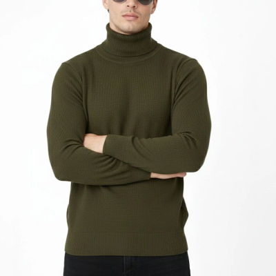 Tam Boğazlı Balıkcı Yaka Triko Kazak yumuşak dokulu Pamuklu ince Dokuma, uzun kollu Rahat Regular kalıp - Haki