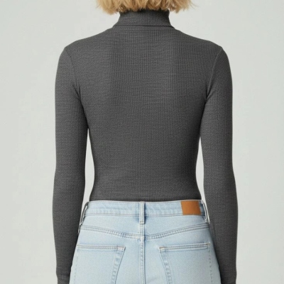 Tam Boğazlı Fitilli Likrali Kaşkorse Badi İnce Uzun Kollu Kazak - Antrasit