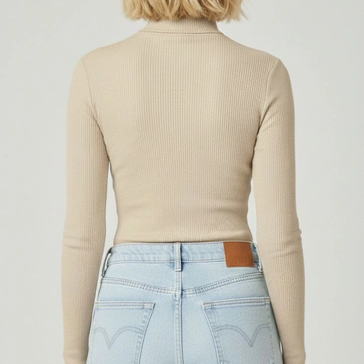 Tam Boğazlı Fitilli Likrali Kaşkorse Badi İnce Uzun Kollu Kazak - Bej