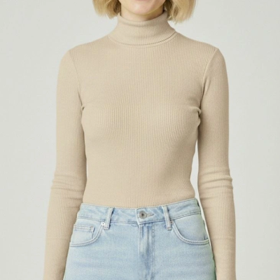 Tam Boğazlı Fitilli Likrali Kaşkorse Badi İnce Uzun Kollu Kazak - Bej