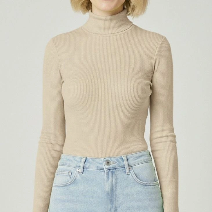 Tam Boğazlı Fitilli Likrali Kaşkorse Badi İnce Uzun Kollu Kazak - Bej