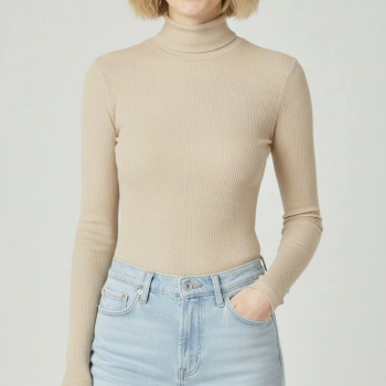 Tam Boğazlı Fitilli Likrali Kaşkorse Badi İnce Uzun Kollu Kazak - Bej