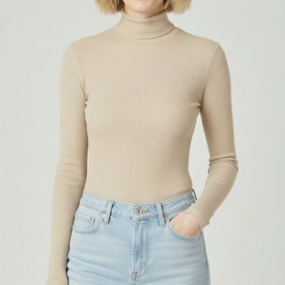 Tam Boğazlı Fitilli Likrali Kaşkorse Badi İnce Uzun Kollu Kazak - Bej