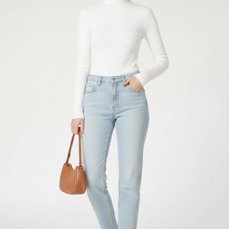 Tam Boğazlı Fitilli Likrali Kaşkorse Badi İnce Uzun Kollu Kazak - Beyaz