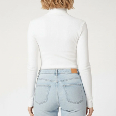 Tam Boğazlı Fitilli Likrali Kaşkorse Badi İnce Uzun Kollu Kazak - Beyaz