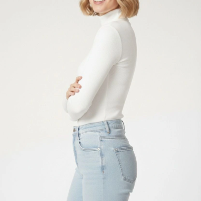 Tam Boğazlı Fitilli Likrali Kaşkorse Badi İnce Uzun Kollu Kazak - Beyaz