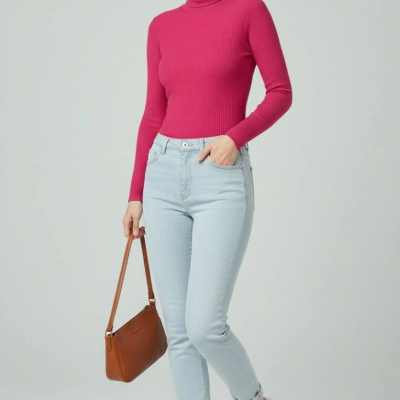 Tam Boğazlı Fitilli Likrali Kaşkorse Badi İnce Uzun Kollu Kazak - Pembe