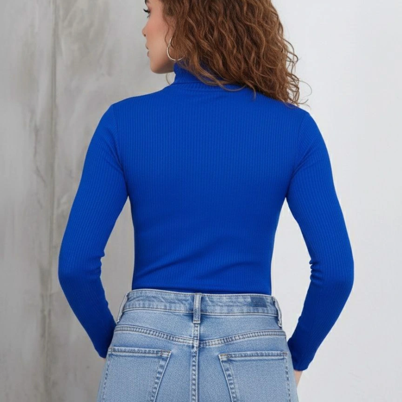 Tam Boğazlı Fitilli Likrali Kaşkorse Badi İnce Uzun Kollu Kazak - Saks Mavisi