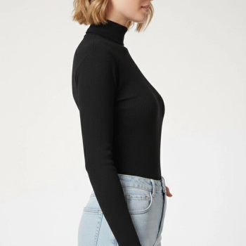 Tam Boğazlı Fitilli Likrali Kaşkorse Badi İnce Uzun Kollu Kazak - Siyah