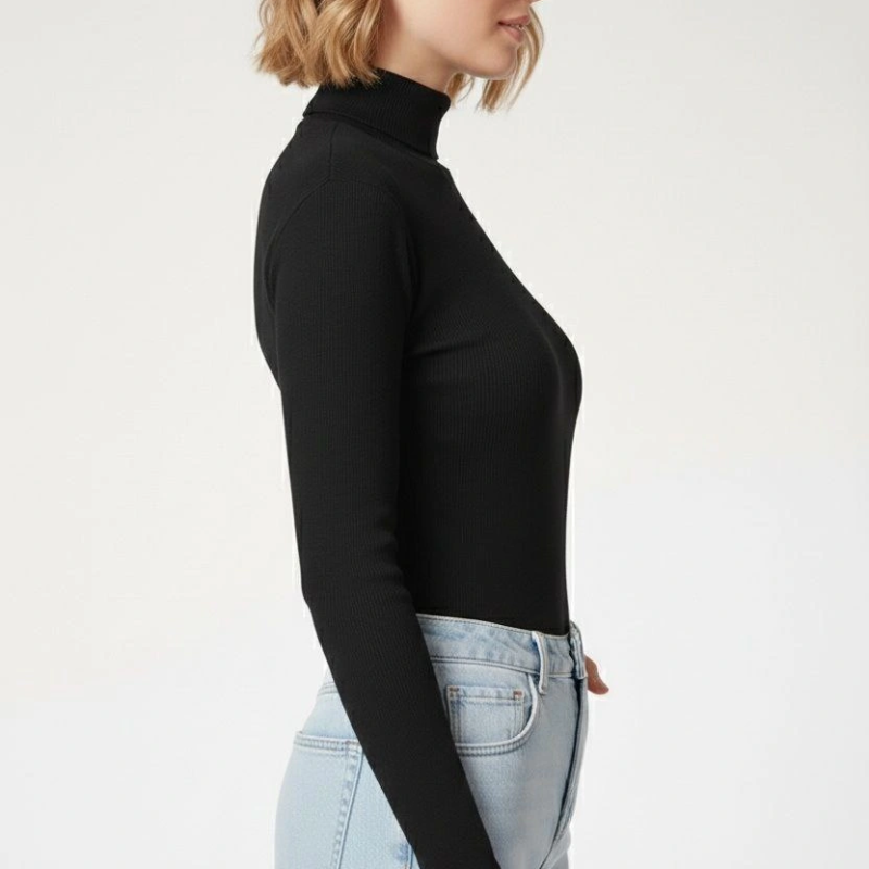 Tam Boğazlı Fitilli Likrali Kaşkorse Badi İnce Uzun Kollu Kazak - Siyah