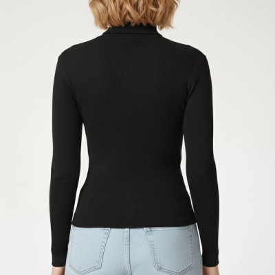 Tam Boğazlı Fitilli Likrali Kaşkorse Badi İnce Uzun Kollu Kazak - Siyah