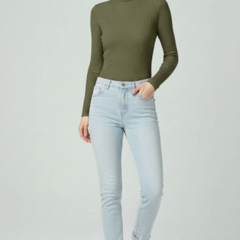 Tam Boğazlı Fitilli Likrali Kaşkorse Badi İnce Uzun Kollu Rahat Kazak - Haki