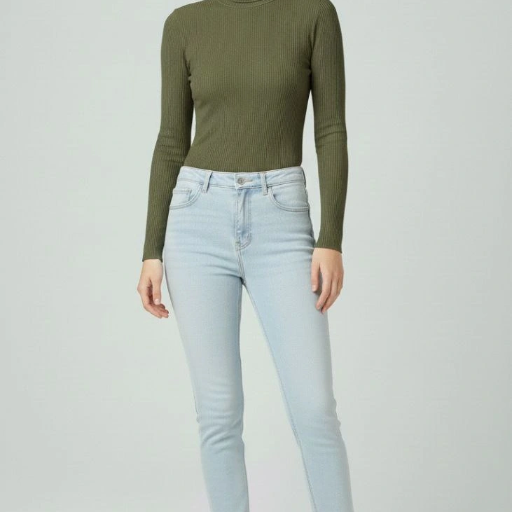 Tam Boğazlı Fitilli Likrali Kaşkorse Badi İnce Uzun Kollu Rahat Kazak - Haki