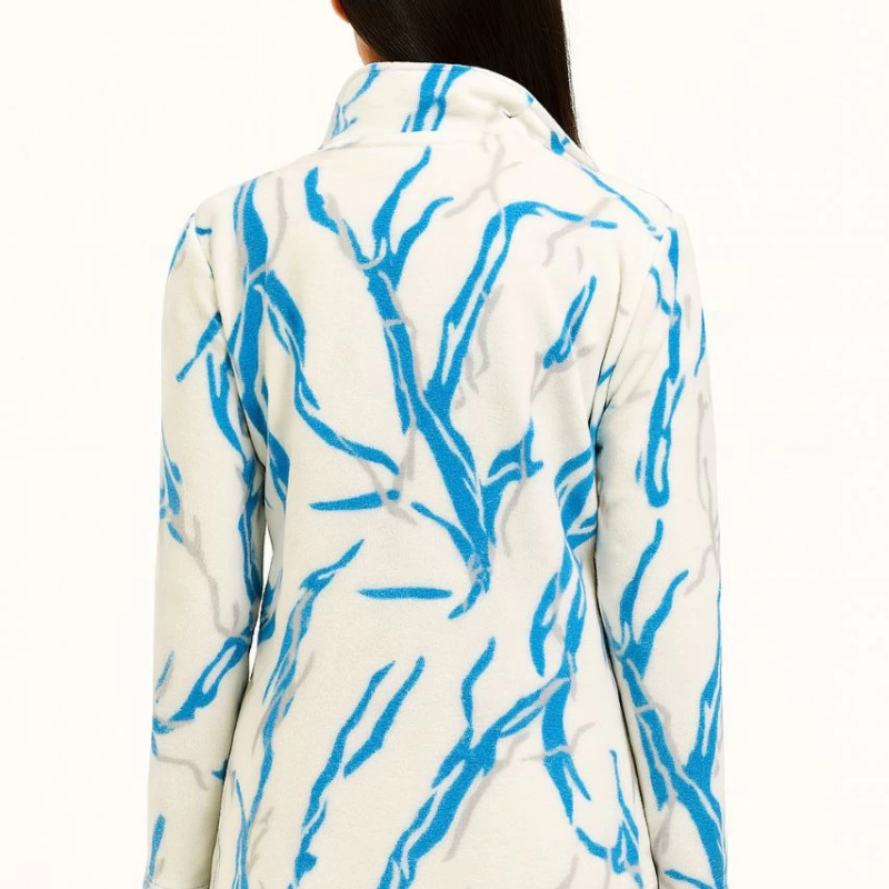 Tam Fermuarlı Desenli Polar Sweat Lightning Desen Yakalı, Uzun Kollu, Oversize Rahat Kalıp - Beyaz