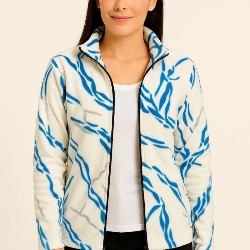 Tam Fermuarlı Desenli Polar Sweat Lightning Desen Yakalı, Uzun Kollu, Oversize Rahat Kalıp - Beyaz