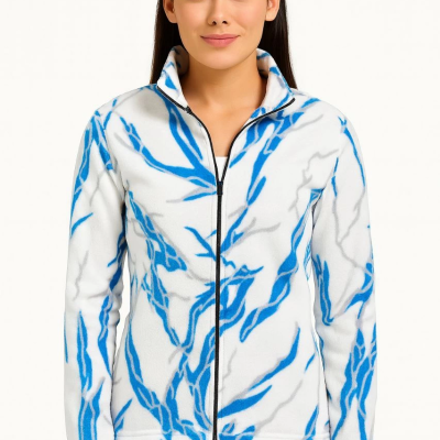 Tam Fermuarlı Desenli Polar Sweat Lightning Desen Yakalı, Uzun Kollu, Oversize Rahat Kalıp - Beyaz